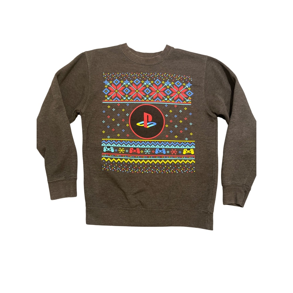 PlayStation Ugly Christmas Sweater Mens Sz Small Grey Video Game Pullover Casual